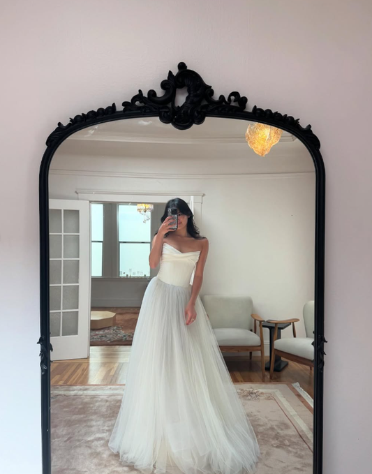 Simple Ball Gown Strapless Satin Tulle Long Wedding Dress SH4145