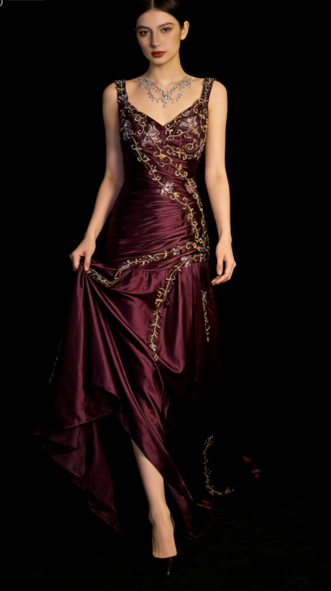 Chic Burgundy A Line Exquisite Embroidery Beaded Satin Prom Dress Evening Gown SH5423