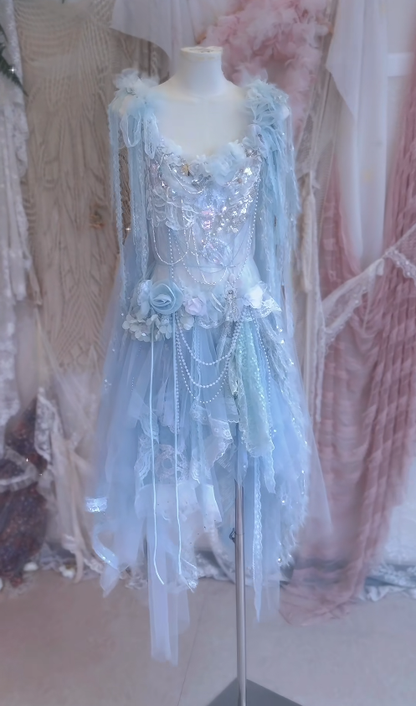 Baby Blue A Line Straps Floral Beaded Tulle Short Prom Dress 16th Birthday Dress SH4263