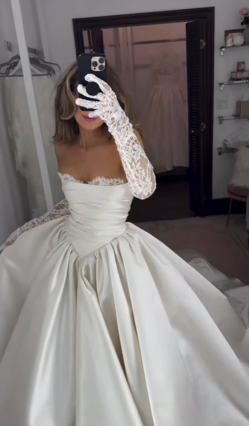 Beautiful Ball Gown Strapless White Lace Satin Long Wedding Dress SH6188