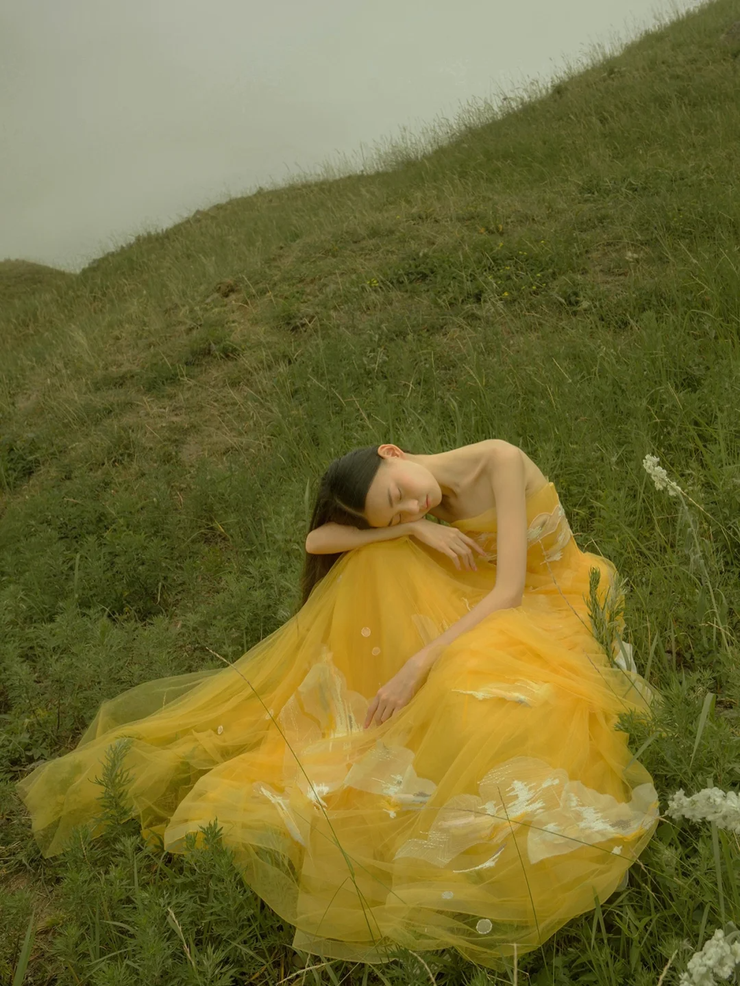 Yellow A Line Strapless White Appliques Tulle Long Prom Dress Party Dress SH4686