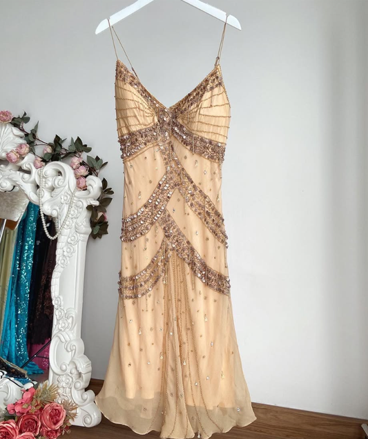 Vintage A Line Spaghetti Strap Sequin Beaded Chiffon Short Homecoming Dress Outfits SH4882