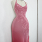 Retro Mermaid Halter Pink Ombre Beaded Chiffon Open Back Prom Dress Evening Dress SH3368