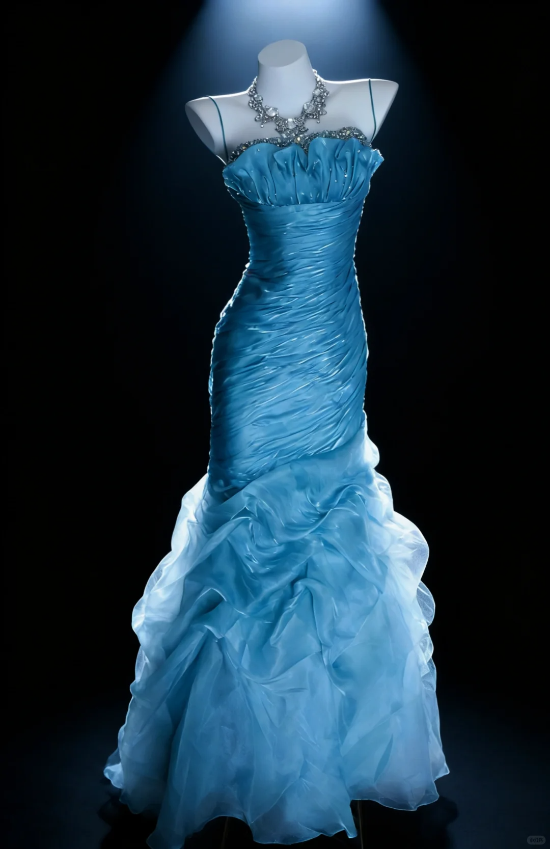 Dreamy Blue Vintage Mermaid Straps Beaded Pleated Organza Long Graduation Prom Dress SH5276