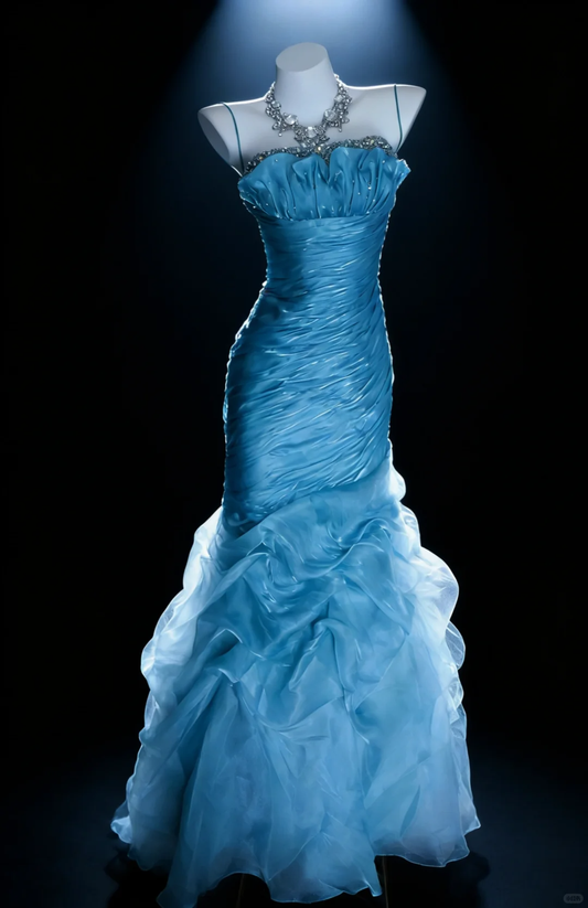 Dreamy Blue Vintage Mermaid Straps Beaded Pleated Organza Long Graduation Prom Dress SH5276