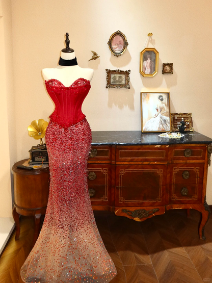 Glamorous Mermaid Strapless Corset Red Satin Sequin Tulle Prom Dress Evening Dress SH7366