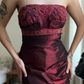 Vintage Burgundy Mermaid Strapless Beaded Satin Prom Dress Evening Dress Date Dress SH5639