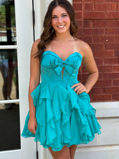 Sweety Lake Blue A Line Strapless Layered Chiffon Satin Short Homecoming Dress SH6788