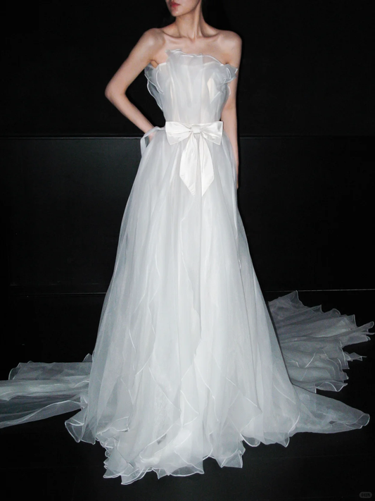 Gentle Flowy A Line Strapless White Tulle Long Wedding Dress SH6626