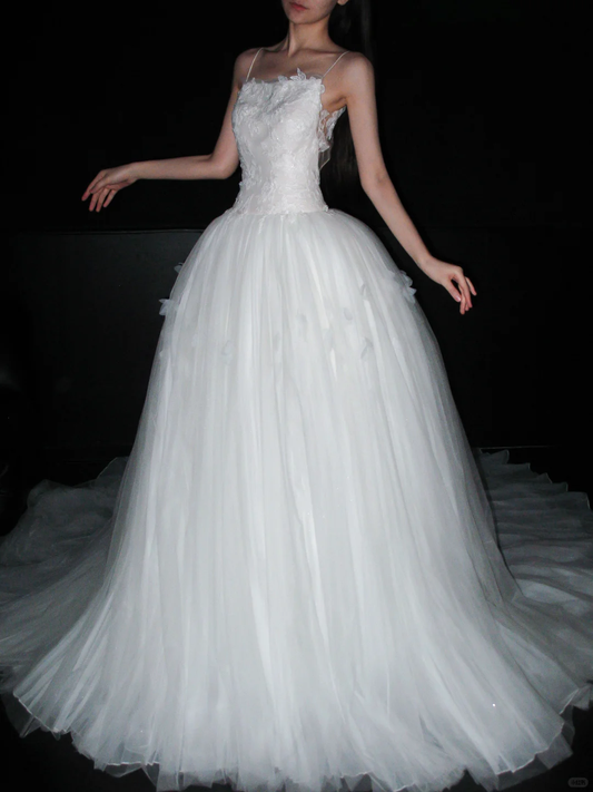 Backless Unique Ball Gown Straps White Lace Applique Tulle Long Wedding Dress SH6618