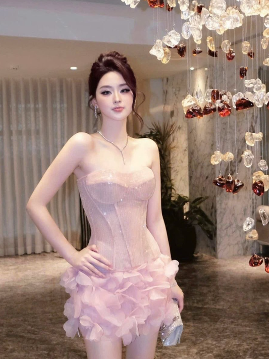 Stunning A Line Strapless Pink Sequin Chiffon Homecoming Dress Cocktail Dress SH3215
