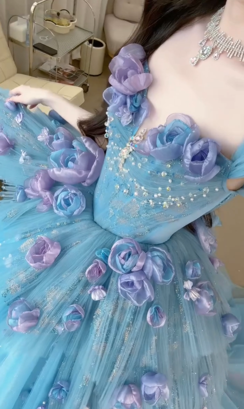 Blue Floral Ball Gown Sweetheart Neck Exquisite Beaded Tulle Long Prom Dress SH5031