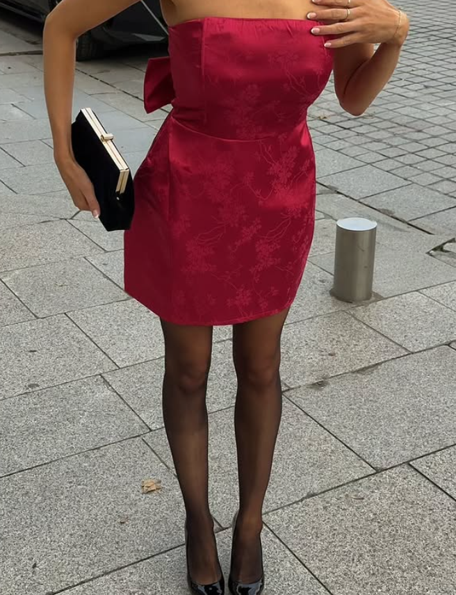 Burgundy Bow A Line Strapless Print Floral Satin Cocktail Dress Homecoming Dress SH6156