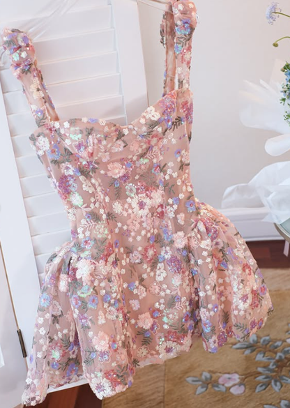Sweety A Line Straps Embroidery Floral Pink Tulle Short Homecoming Dress Outfits SH6233