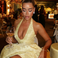 Yellow A Line Halter Satin Open Back Prom Dress Party Dress SH4012