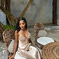 Beige A Line Spaghetti Strap Floral Satin Prom Dress Evening Dress SH3907