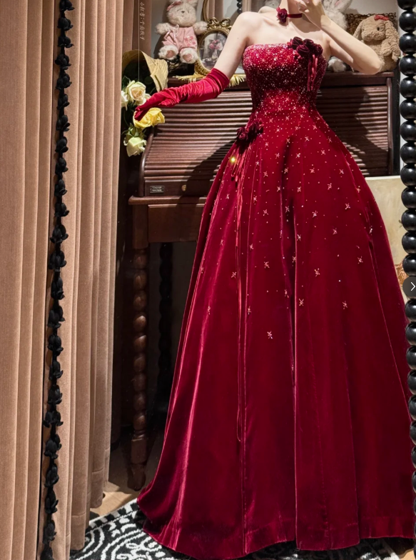 Burgundy A Line Strapless Beaded Velvet Long Prom Dresses 16th Birthday Dresses SH4635