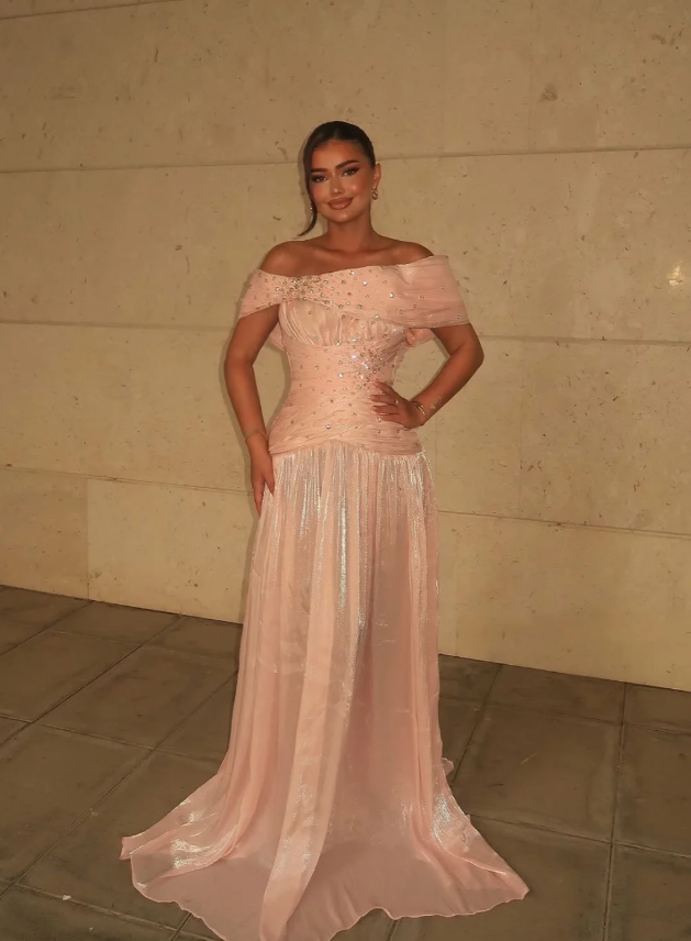 Shiny A Line Off the Shoulder Beaded Satin Long Prom Dress Evening Dress SH7302