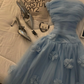 Blue A Line Strapless Simple Floral Tulle Prom Dress Evening Dress SH5528