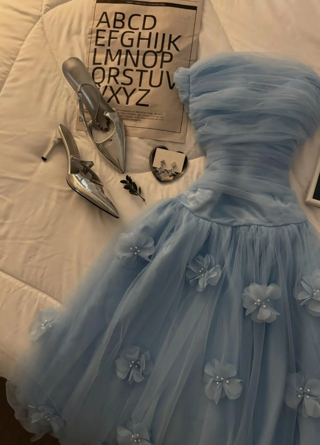 Blue A Line Strapless Simple Floral Tulle Prom Dress Evening Dress SH5528