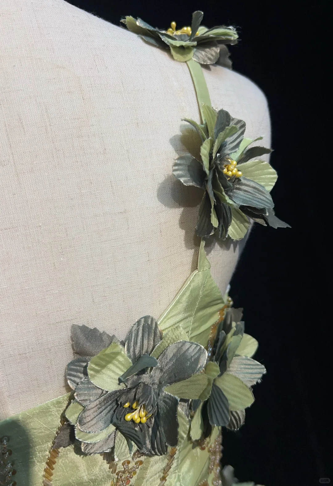 Vintage Green A Line Spaghetti Straps Beaded 3D Flower Satin Prom Dress Evening Dress SH3334