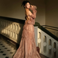 Charming Brown A Line Long Sleeve Satin Long Prom Dress Evening Dress SH2114