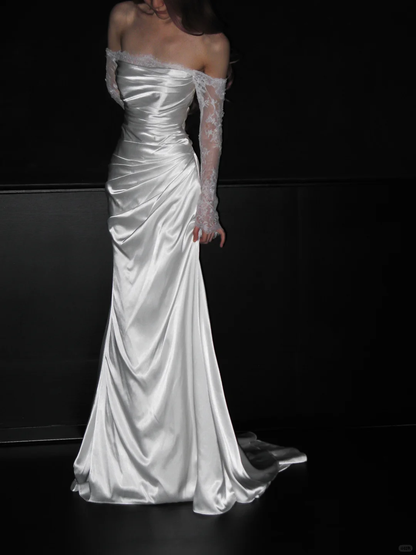Gentle Mermaid Long Sleeve White Lace Satin Long Wedding Dress SH4714