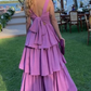 Elegant Purple Square Neck Layered Ruffles Long Prom Dress SH621