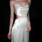 White Pearl A Line Spaghetti Strap Satin Long Wedding Dress SH5977