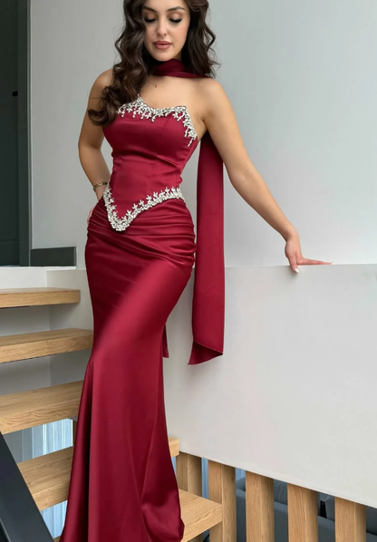 Red Sheath Strapless Exquisite Beaded Satin Prom Dress Evening Dress SH5415
