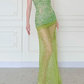 Summer Green A Line V Neck Shiny Beaded Slit Long Prom Dress Evening Dress SH5842