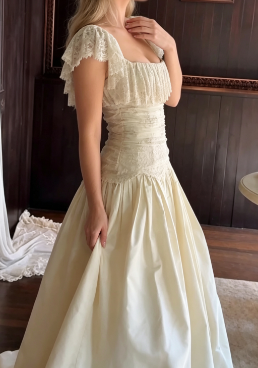 Vintage Ball Gown Straps Lace Satin Long Wedding Dress SH7091