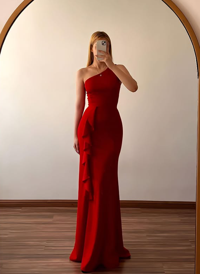 Vintage Red Mermaid One Shoulder Ruffle Satin Prom Dress Evening Dress SH6973