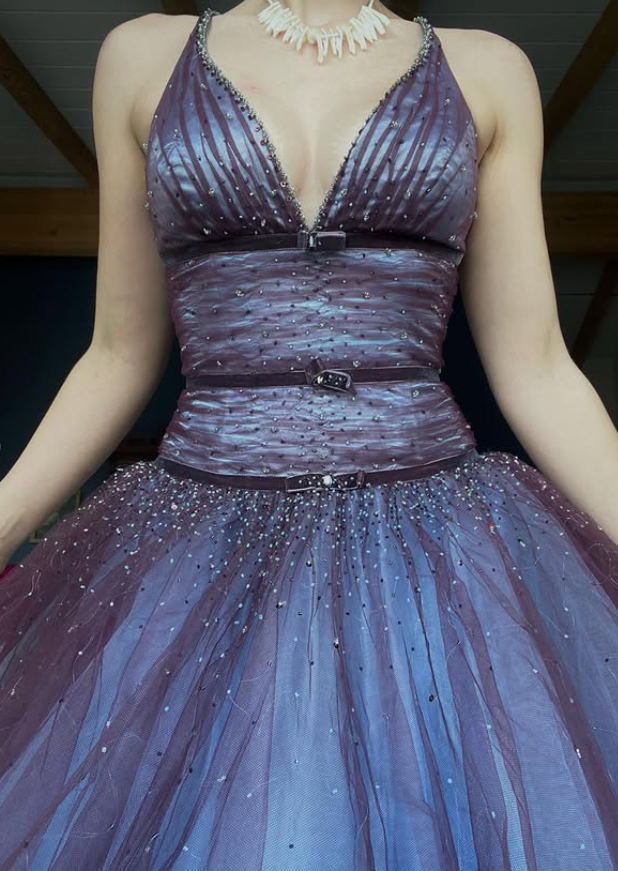 Retro A Line V Neck Beaded Purple Tulle Prom Dress Evening Dress SH5910