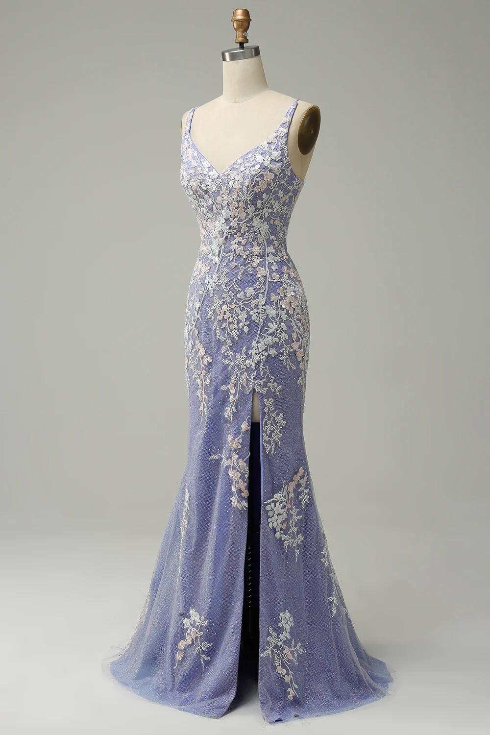 Charming Mermaid V Neck Light Blue Long Prom Dress With Appliques  SH616
