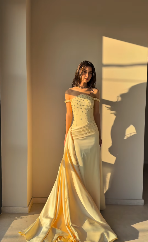 Princess Yellow A Line Off the Shoulder Beaded Satin Long Prom Dress Evening Dress SH6745