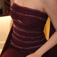 Dark Burgundy A Line Strapless Beaded Chiffon Prom Dress Evening Dress SH6525