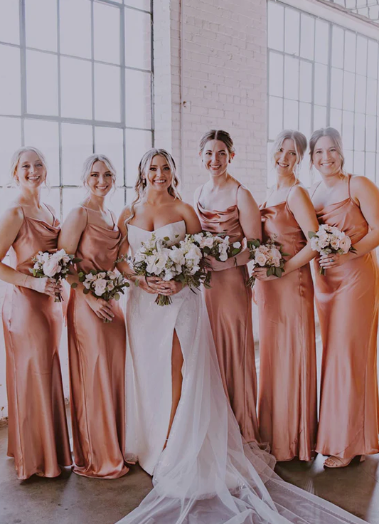 Croal Pink Silk Satin Spaghetti Strap Sheath Long Bridesmaid Dresses SH5589
