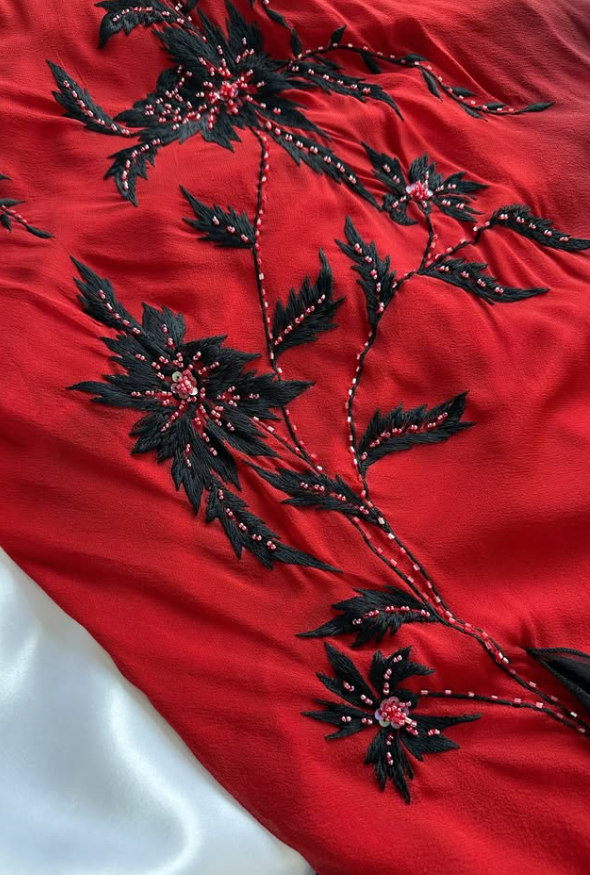 Vintage Sexy A Line Black Beaded Ruffle Red Chiffon Long Party Dress Prom Dress SH5469