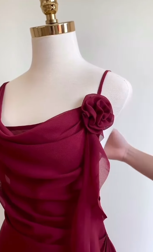 Burgundy A Line Spaghetti Strap Floral Chiffon Short Party Dress Homecoming Dress Outfits SH3601