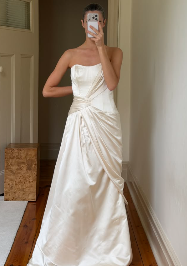Vintage A Line One Shoulder Ivory Satin Long Wedding Dress SH8477