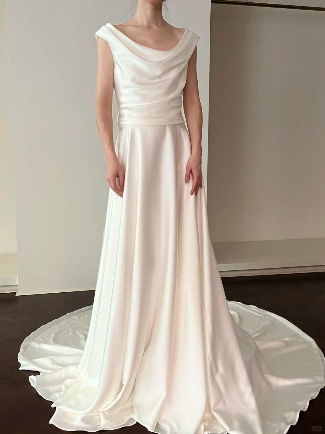 Simple A Line Round Neck White Satin Wedding Dress SH4998