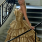 Luxurious Gold Strapless Pleated Irregular Neck Layered Prom Dress Ball Gown Quinceañera Party Dress SH1016