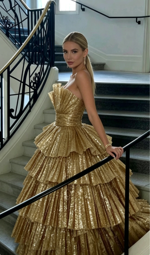 Luxurious Gold Strapless Pleated Irregular Neck Layered Prom Dress Ball Gown Quinceañera Party Dress SH1016