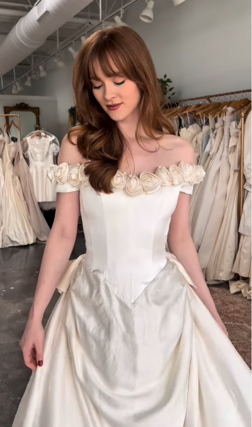 Retro Beige A Line Off the Shoulder 3D Flower Satin Wedding Dress SH6087