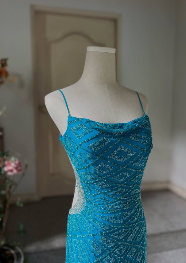Elegant Blue A Line Beaded Chiffon Open Back Prom Dress Party Dress Date Dress SH4890