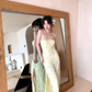 Vintage Light Yellow Sheath Strapless Beaded Satin Prom Dress Wedding Guest Dress SH4559