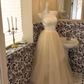 Simple Light Champagne A Line Strapless Satin Tulle Party Dress Prom Dress SH3849