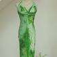Unique Sheath Halter Green Print Floral Chiffon Open Back Long Prom Dress Formal Dress SH3866