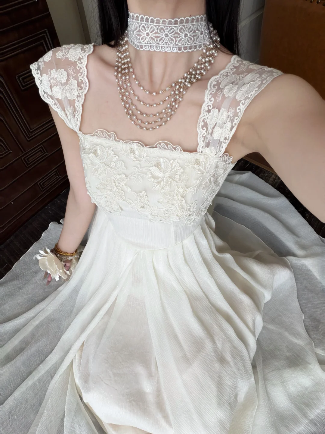 Gentle White A Line Straps Lace Chiffon Prom Dress Evening Dress SH6767